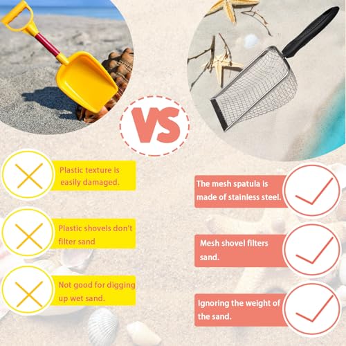 2 Pcs Stainless Steel Beach Mesh Shovel, Metal Shark Tooth Sifter, Black Handle Reptile Sand Scoop Scooper Beach Shell Collecting Tool for Sifting Picking Up Sea Creatures Cat Litter
