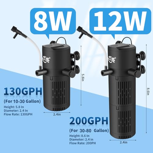 Aquarium Filter, Fish Tank Filter 4-in-1 for 10-30 Gallon Tanks, Submersible Internal Filter with Wave-Maker, Oxygenation & Adjustable Air Flow for Freshwater/Saltwater/Turtle Tanks (8W) - size: 8W (for 10-30Gal)