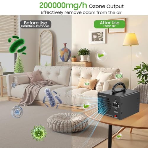 Ozone Generator Machine 200,000mg/h, High Capacity Ozone Odor Eliminator Removal Air Purifier for Home Car Pet & Basement Odor, Suitable for Spaces up to 7,000 Square Feet, Black - color: Black