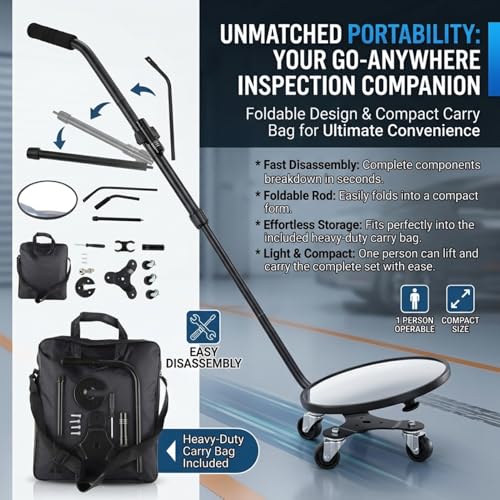 Under Vehicle Inspection Mirror with Light, Under Car Mirror 12 Inch Adjustable Angle Telescoping Handle Magnifying Vehicle Security Tool, Portable Convex Search Mirror with Carry Bag