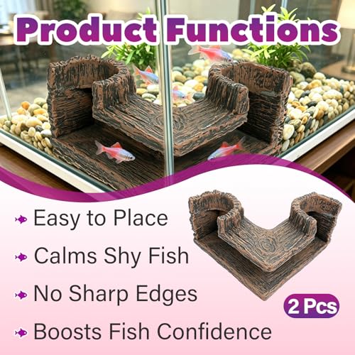 2 Pcs 90° Corner Fish Cave Viewing Tunnels, Compatible with Aquarium Cave | Featuring a Natural-Looking Wood-Like Design Made of BPA-Free Premium Resin, Fish Tank Hideout, Safe Corner Tank Decor