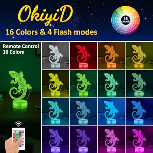 OkiyiD Leopard Gecko 3D Illusion Lamp - 16 Color Night Light with Remote, Gecko Reptile Tank Accessory Decor, Lizard Habitat Decor Gifts for Reptile Lovers Boys & Girls - style: Gecko