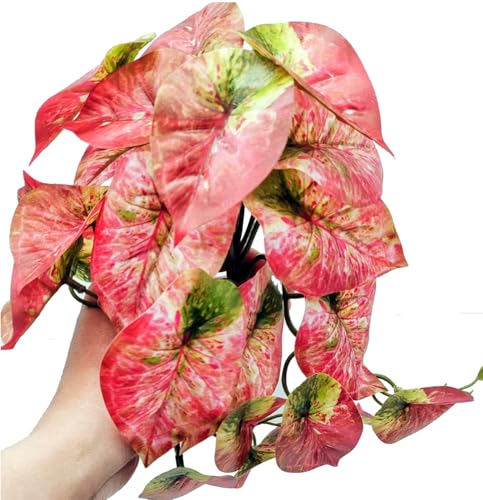 Fake Reptile Plants for Terrarium,Hanging Plant with Suction Cup | Artificial Plants for Crested Gecko Tortoise Ball Python Enclosure, Snake Tank Accessories,Amphibian Habitat Decor-2 Pack - color: Red Arrowhead