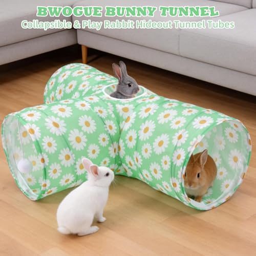 BWOGUE Bunny Tunnels & Tubes, 3-Way Collapsible Rabbit Hideout for Bunnies | Small Animal Hideout for Play, Peephole for Exploration, Ball Toy for Play, Folds Flat for Storage, Guinea Pigs and Kittens - color: Greenflower