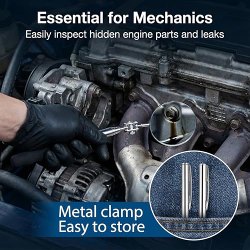 3 Pcs Stainless Steel Extendable Mechanic Mirror, Telescoping Inspection Mirror with Rotating Head, Round Mirrors on a Stick, Mechanical Mirrors Tool with Long Handle and Clip-On Design for Mechanics