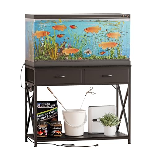 40-50 Gallon Fish Tank Stand,Aquarium Holder with Power Outlet and 2 Drawers,Heavy Duty Breeder Turtle Terrarium Stand Suitable for Turtle Tank, Reptile Terrarium, for Home Office (Black) | 40 Gallon Fish Tank Stand with Strudy Steel Frame,Heavy Duty Terr