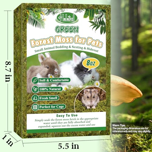 Halatool 12QT Hamster Moss for Bedding Nesting Hideout, Soft & Safe, 8OZ | Odor Control, Forest Moss for Rabbits Squirrels Guinea Pigs, Small Animals Cages, Terrariums, Reptiles, Plants - size: 8oz/12qt