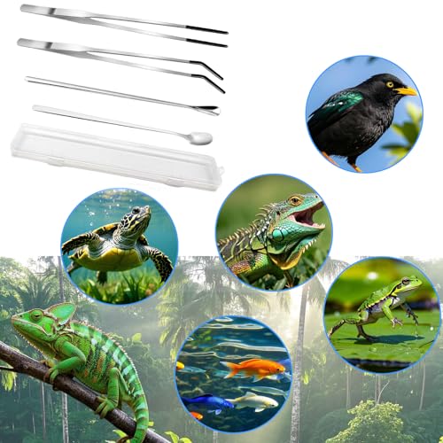 4-Piece Stainless Steel Reptile Feeding Tongs & Spoons Set – Curved/Straight Tweezers,Spoons, Rubber Tips for Bearded Dragons,Aquarium/Terrarium Safe Feeding Tools