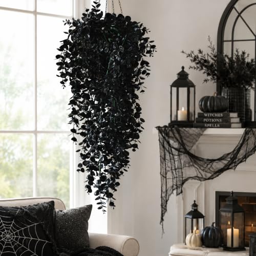 4Pcs Artificial Hanging Plants, Black Halloween Wall Decor | Fake Plants Eucalyptus Leaves for Outdoors UV Resistant Plants Outdoor Indoor Bedroom Living Room Porch Shelf Decor - color: Black Ivy, size: 4Pcs Plants