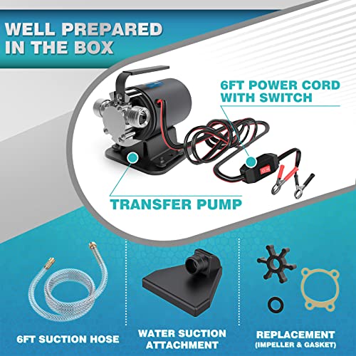 Water Transfer Pump DC 12V 1/10HP Portable Electric Water Removal Utility Pump with Switch and Suction Hose Kit, Low Suction Water Removal for RV, Water Beds, Pools, Rain Barrel, Aquariums - style: 12V with Switch
