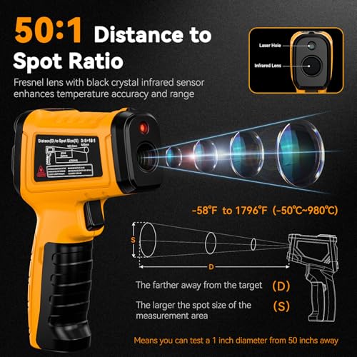 50:1 Infrared Thermometer IR Laser Gun, -58°F to 1796°F, Digital Temperature Gun/K-Type Probe -4°F to 932°F & Humidity Sensor for Cooking, Pizza Oven BBQ HVAC Home-Industrial Use - color: -58°F to 1796°F/-4°F to 932°F