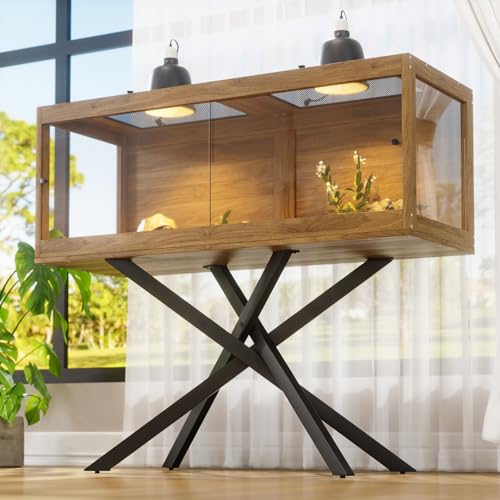 80 Gallon Bearded Dragon Tank with Stand & 4 Leg, Front Sliding Door Tempered Glass Reptile Habitat with Mesh Top for Snakes/Lizards/Geckos/Tortoises (Bulbs Not Included,47inch,Brown)