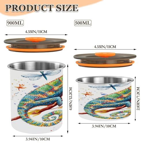 Storage Containers Airtight Stainless Steel Canister With Airtight Stackable Push Button Seal Container 17oz Cartoon Chameleon Reptile White
