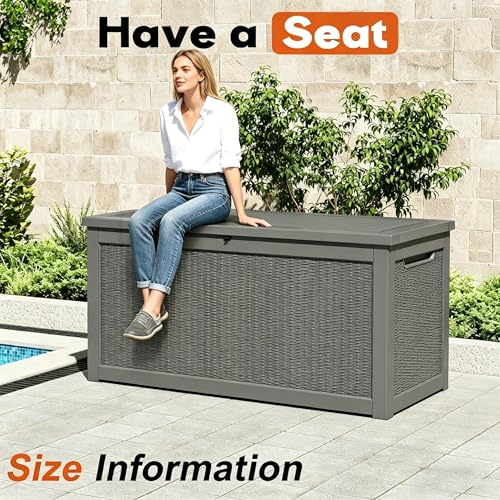 Outdoor Storage Box, Resin Deck Boxes Indoor and outdoor, Waterproof Storage Box Lockable Lid Grey,320 Gallon - color: Rattan Grey, style: 320 Gallon