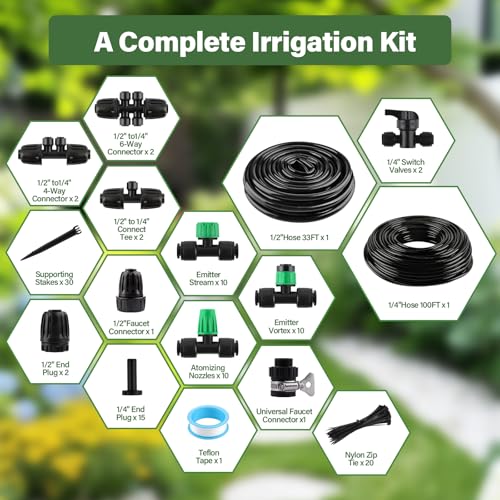 133FT Quick-Connect Drip Irrigation Kit with 30 Drip Emitters,3 Spray Types | Kalolary Automatic Garden Watering System with 1/4" & 1/2" Tubing,Push-to-Fit Fittings for Raised Garden Beds Greenhouse Lawn - size: 133FT Drip Irrigation System Kit
