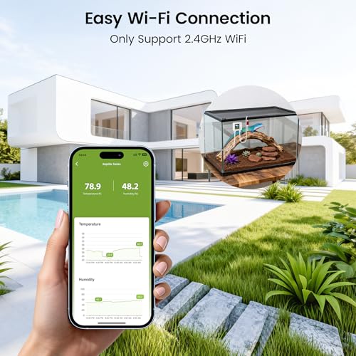 WiFi Reptile Thermometer Hygrometer, Waterproof Probe, App Alerts | For terrariums, incubators, greenhouses & humidors; calibrate temp & humidity in app; power-outage & offline alerts; no hub - color: White