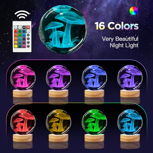 3D Crystal Ball Night Light with Wooden Base, Mushroom Glass Ball Lamp with 16 Colors and Remote Control - Cool Desk Decor Gift for Kids and Friends - color: Mushroom