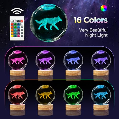 3D Crystal Ball Night Light with Wooden Base, 3.15" Glass Ball Lamp, 16 Colors, Remote Control, Cool Desk Decor, Gifts for Kids, Friends, Birthday, Holiday - color: Wolf