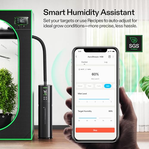 VIVOSUN AeroStream H09 Intelligent Wi-Fi Humidifier, 2.38 Gal / 9 L Humidifier with Temp & Humidity Probe, Smart Remote Control, Designed for Growers | VPD Control, Smart Auto Humidity Adjustment, 9L Large Capacity, Grow System Compatible, Designed for Gr