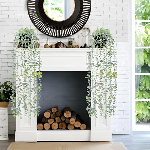 2Pcs Fake Hanging Plants with Pot Eucalyptus Leaves Fake Vines | UV Resistant Artificial Plants Outdoor Faux Plants Indoor Bedroom Living Room Boho Wall Porch Shelf Decor - color: Mandala Vines-light Green, size: 2Pcs Plants with Pot