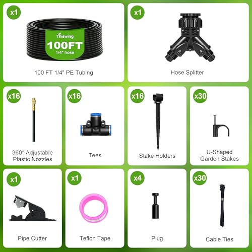 Thiswing 100 FT 360° Adjustable Irrigation System with Stake Holders | 1/4" Tubing, 16 Nozzles, Automatic Watering Misting System, Sprinkler for Garden, Raised Bed, Lawn, Plants - size: 100FT