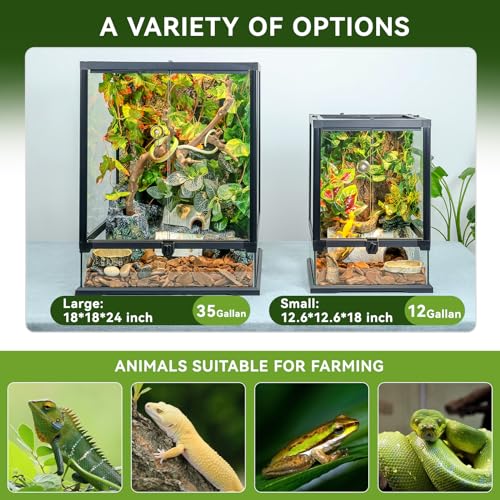 18x12x12'' Front-Opening Glass Reptile Tank for Gecko & Snake | Watertight base & metal mesh top; front-opening for easy feeding; pre-drilled cable holes. Fits tree frogs & chameleons. - size: 18'' x 12.6'' x 12.6''