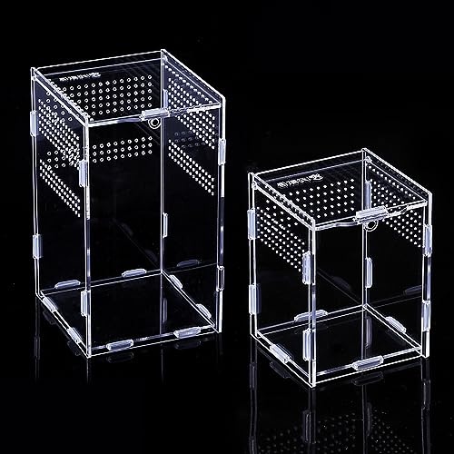BigKing 2 Packs Reptile Feeding Box, Acrylic Reptile Terrarium Enclosure, Insect Breeding Case, Reptiles Habitat Terrarium for Small Tree Dwelling Reptiles & Amphibians Like Gecko and Frog
