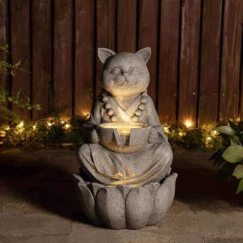 Glitzhome Water Fountain Outdoor, Outdoor Fountain with Lights, Zen-Style Water Fountain with Pump, 22" H 2-Tiered Concrete Cat Statue Polyresin Water Feature for Home Patio Garden Backyard Decor - color: Concrete Cat, size: 22"H