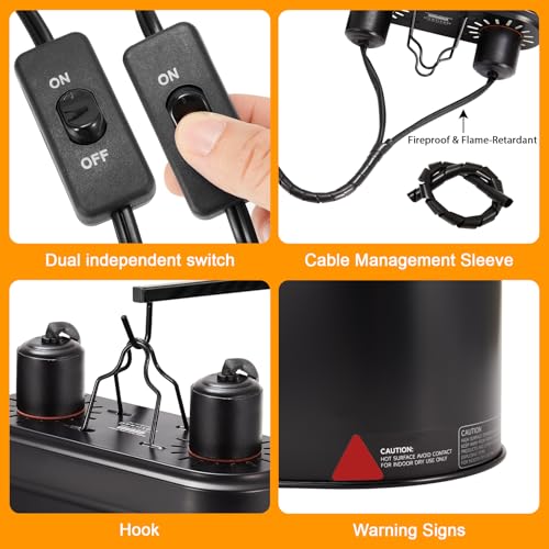 Dual Reptile Light Fixture with Switches, Reptile Heat Lamp Fixture, Reptiles Terrarium UVB Bulb Fixture for Bearded Dragon, Max 160W Each (Bulb Not Included) - size: Heat Lamp+switches