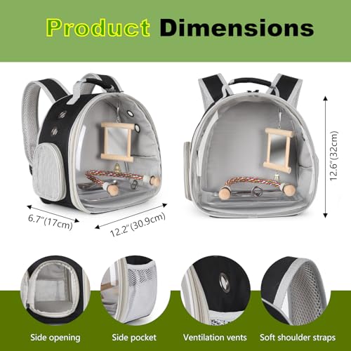 Bird Travel Carrier Bubble Window Backpack with Mirror Parrot Standing Toy,Portable Parrot Cage Backpack with Stand Perch, Pet Travel Bag for Cockatiels,Parrots,Love Bird,Small Birds - color: Black, size: Backpack/mirror