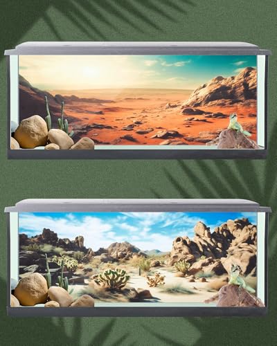 4 Pcs 71 x 18 Inch Reptile Habitat Background with Nano Glue Gobi Sun Cactus Stone and Green Tree Fern Stream Terrarium Background Polyester Durable Aquarium Accessories - color: Style1, size: 71 x 18 Inch
