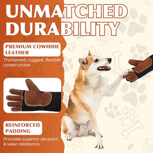HANDLANDY Animal Handling Gloves, Bite Proof for Cat Dog Handling | Puncture & Scratch Resistant Leather Gauntlet Gloves for Dogs, Cats, Birds, Falconry, Gardening - color: Black Brown, size: 24 Inches