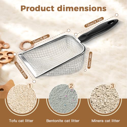 Cat Litter Scoop - Long Handle Scooper, Rustproof Stainless Steel Mesh, Non-Slip Grip, Deep Shovel Sifter for All Litter Types, Easy Clean Kitty Waste Litter for Litter Box(Black) - color: black