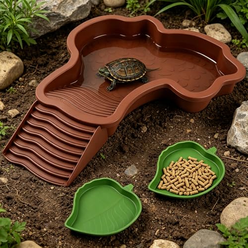 3 Pcs Aquatic & Terrestrial Reptiles Bathing Pool Set, Turtle Water Bowl | Tortoise Water Dish with Removable Ramp and 2 Pcs Feeding Dish - color: Dark Brown【1 x Water Dish, 2 x Feeding Dish】