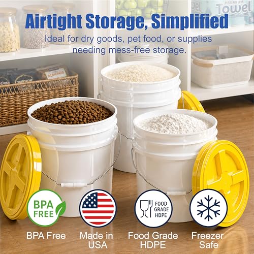 3.5 Gallon Bucket, Food-Grade w/Lid, BPA-Free, Yellow,3 Pack | Airtight Gamma Seal Screw-On Lid, Heavy-Duty 90 Mil HDPE Plastic, Food Safe and Durable Container, Bulk Storage, Made in USA - color: Yellow, size: 3 Packs