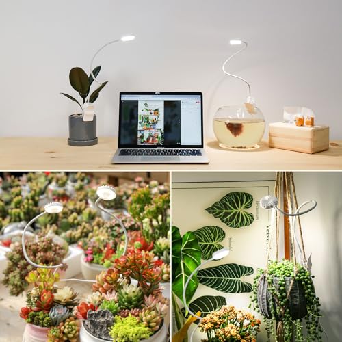 Clip-On Grow Lights for Indoor Plants, 2-in-1 Dual Head Timer | Flexible gooseneck arms bend to aim each head; 4000K full spectrum LED with CRI 95 and 4 dimming levels for leafy