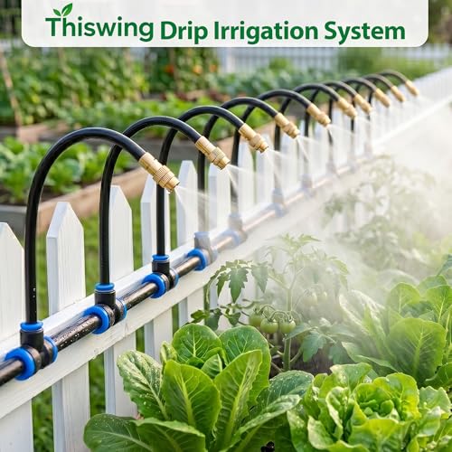 Thiswing 50FT 360° Adjustable Irrigation System for Garden | 1/4" Tubing, Automatic Watering Misting System with 15 Nozzles, Sprinkler for Garden, Yard, Lawn and Outdoor Plants - size: 50 FT