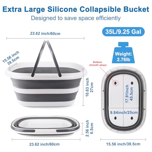 Extra Large Collapsible Bucket 35L Mop Bucket With Handles & Wheels, Plastic Wash Basin Pet Bath Tub for Puppy Dogs Cats, Folding Laundry Basket Clothes Storage Organizer RV Outdoor Camping Essentials - color: Gray, size: 35L