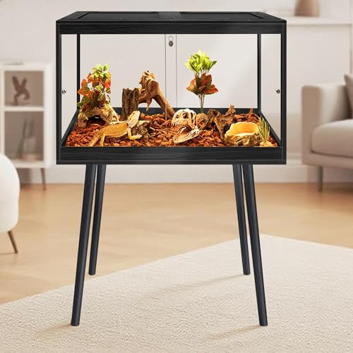 Bearded Dragon Tank with Leg Stand 22 Gallons, Wooden Lizard Tank,Reptile Tank with Metal Mesh Roof Door, Acrylic Panel Snake Tank with Lock Design (Black, 24"x16"x16") - color: Black, size: 24"x16"x16"
