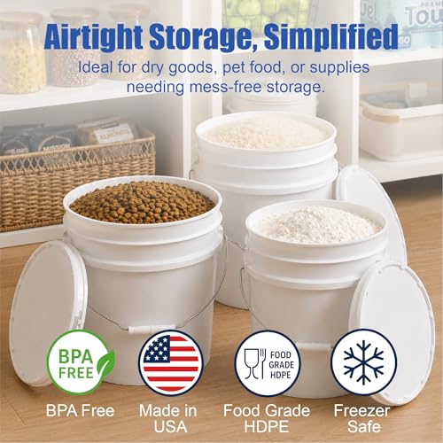 3.5 Gallon Bucket, Food Grade w/Lid BPA-Free, 3 Pack- White | Airtight Gasketed Tear Strip Lid, Heavy-Duty 90 Mil HDPE Plastic Pail, Bulk Storage, Food Safe Durable Container, Made in USA - size: 3 Packs