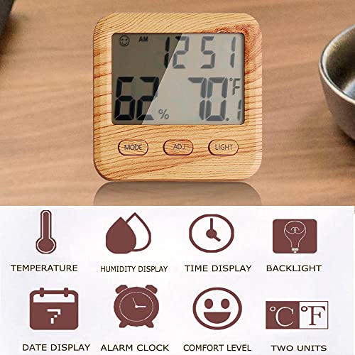 Digital Hygrometer Indoor Thermometer, Temperature Humidity Gauge with Desk Clocks for Bedroom Office,Backlit Accurate Monitor Clear Reading,Time Display Room Thermometer for Home Greenhouse Wooden - color: Wooden