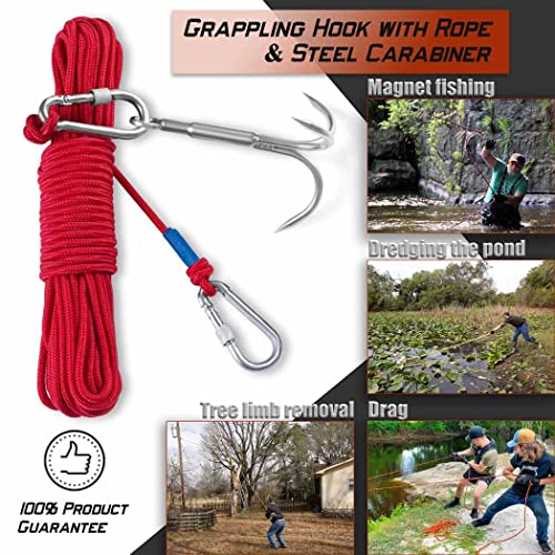 Grapple Hook with Rope-Includes Nylon Rope 6/8/10mm 50FT,Functional Grappling Hook and Double Carabiner,for Magnet Fishing/Drag/Tree Limb Removal - style: Middle+1/4″rope-red