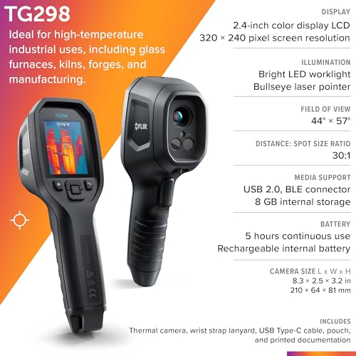 Flir TG298 Thermal Imaging Camera, 320x240 High-Temp Spot IR, Laser | 160x120 native IR, MSX, high-temp use, trending/logging/alarms, IP54, strap, pouch - style: TG298