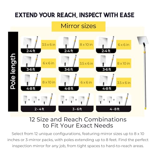 Inspection Mirror Telescoping Pole, Lightweight & Durable, 2 ft - 4 ft Pole, 6 x 6 inch Acrylic Mirror - size: 6 x 6 inch Acrylic Mirror, style: 2 ft - 4 ft Pole