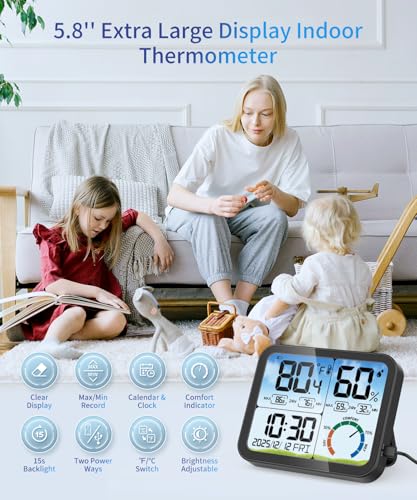 5.8'' Digital Indoor Thermometer Hygrometer, Temp Humidity Monitor & Clock | USB-C & Battery Powered, Large Backlit Display, Calibratable Readings, Max & Min Records, Comfort Level, Date & Time Display - color: Black