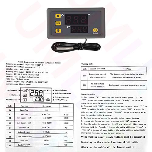 Digital Temperature Controller, W3230 AC110-220V LED Digital Temperature Controller Thermostat Switch Sensor Meter(220V) - color: AC110-220V