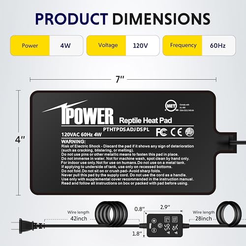 iPower 4 by 7 Inch 4W Reptile Heating Pad with Adjustable Thermostat, Under Tank Warmer Terrarium Heat Mat for Turtles/Snakes/Lizards/Frogs, and Other Reptiles - size: 4" x 7", style: Heat Pad - New
