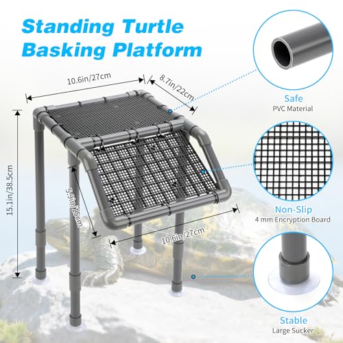 SKARUS Standing Turtle Basking Platform for 15-90 Gallon Tanks | Height Adjusts 6.49"-15.16", 10.8"x8.7" Flat Dock, Non-Slip Climbing Ramp, Resting Dock for Reptiles, Semi-Aquatic Pets - color: Grey, size: 10.8"W