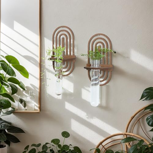 Artilady Plant Propagation Station Wall Hanging, Plant Terrariums with Tube | Boho Wood Air Plant Holder for Indoor Plants, Window Propagation Stations Vases for Living Room Bedroom Oval Wall Decor - color: Rainbow Design Wood