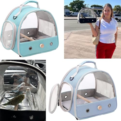 Bird Carrier, Portable Small Bird Parrot Parakeet Carrier with Standing Perch and Soft Mat, Side Access Window Collapsible (Blue, Clear Windows) - color: Blue